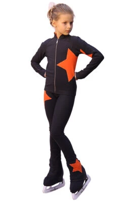 IceDress Figure Skating Outfit - Thermal - Star (with Pants) (Dark Grey With Orange)