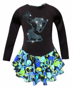 Fantasy Ice Skating Dress With "Pair Of Skates" Rhinestones Design (Blue/Green)