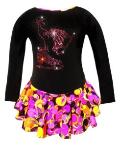 Fantasy Ice Skating Dress With "Pair Of Skates" Rhinestones Design (Pink/Orange)