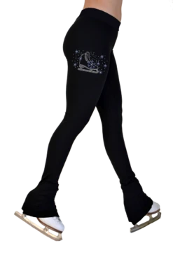 ChloeNoel P622F All Black 3" Waist Band Light Weight Fleece Figure Skating Pants W/ Skate/Blue Snowflakes Crystals