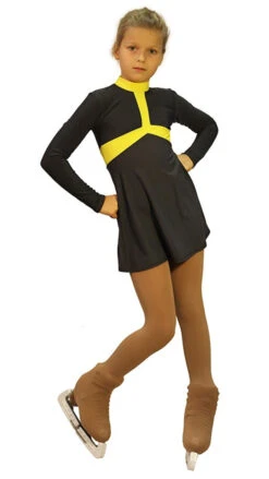 IceDress Figure Skating Dress- Arabesque (Dark Grey And Yellow)