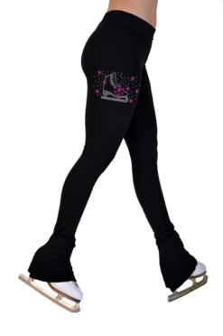 ChloeNoel P622F All Black 3" Waist Band Light Weight Fleece Figure Skating Pants W/ Skate/Fuchsia Snowflakes Crystals