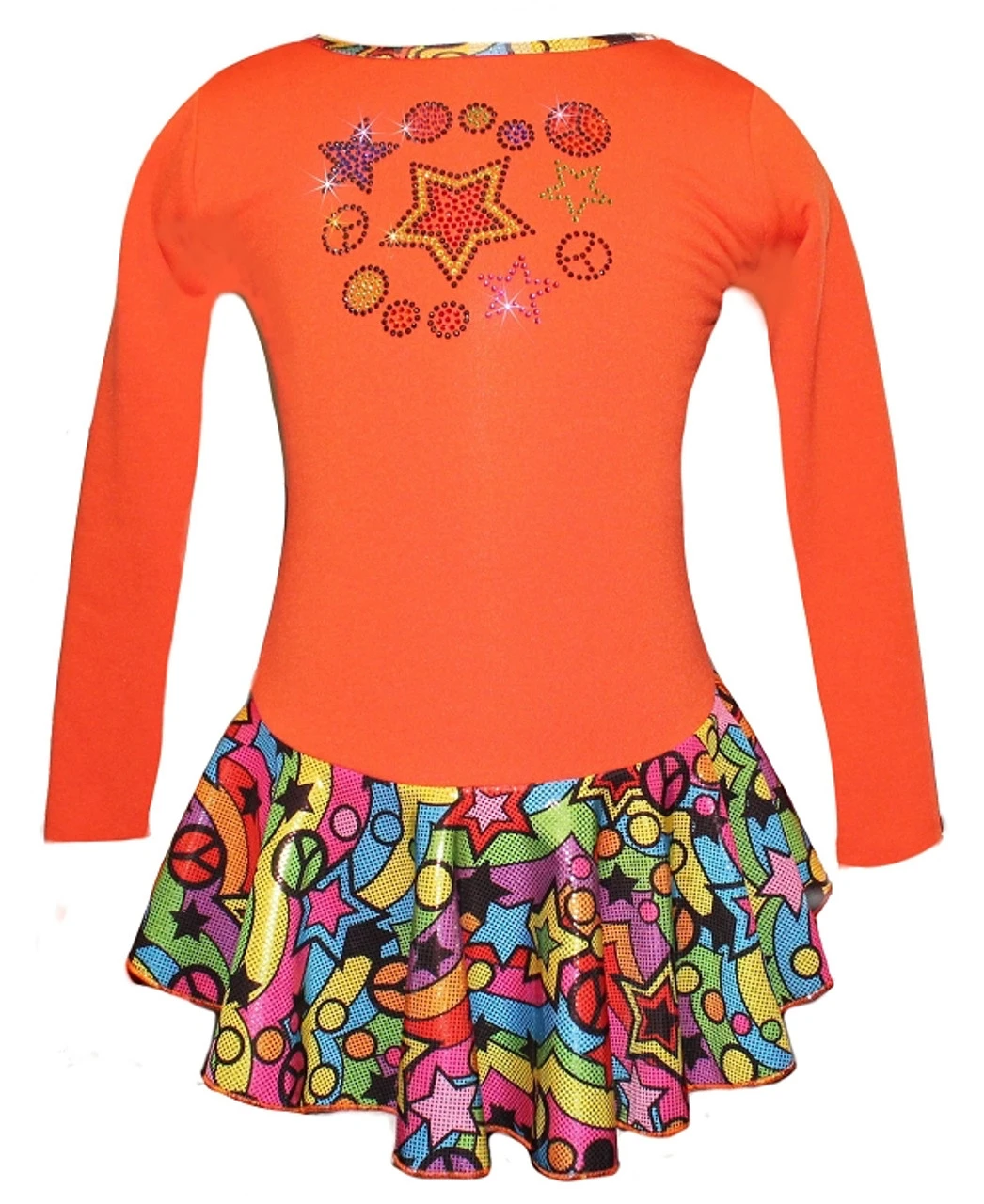 Orange "Peace & Stars" Ice Skating Dress With "Peace & Stars" Rhinestone Applique 3 Orange "Peace & Stars" Ice Skating Dress With "Peace & Stars" Rhinestone Applique